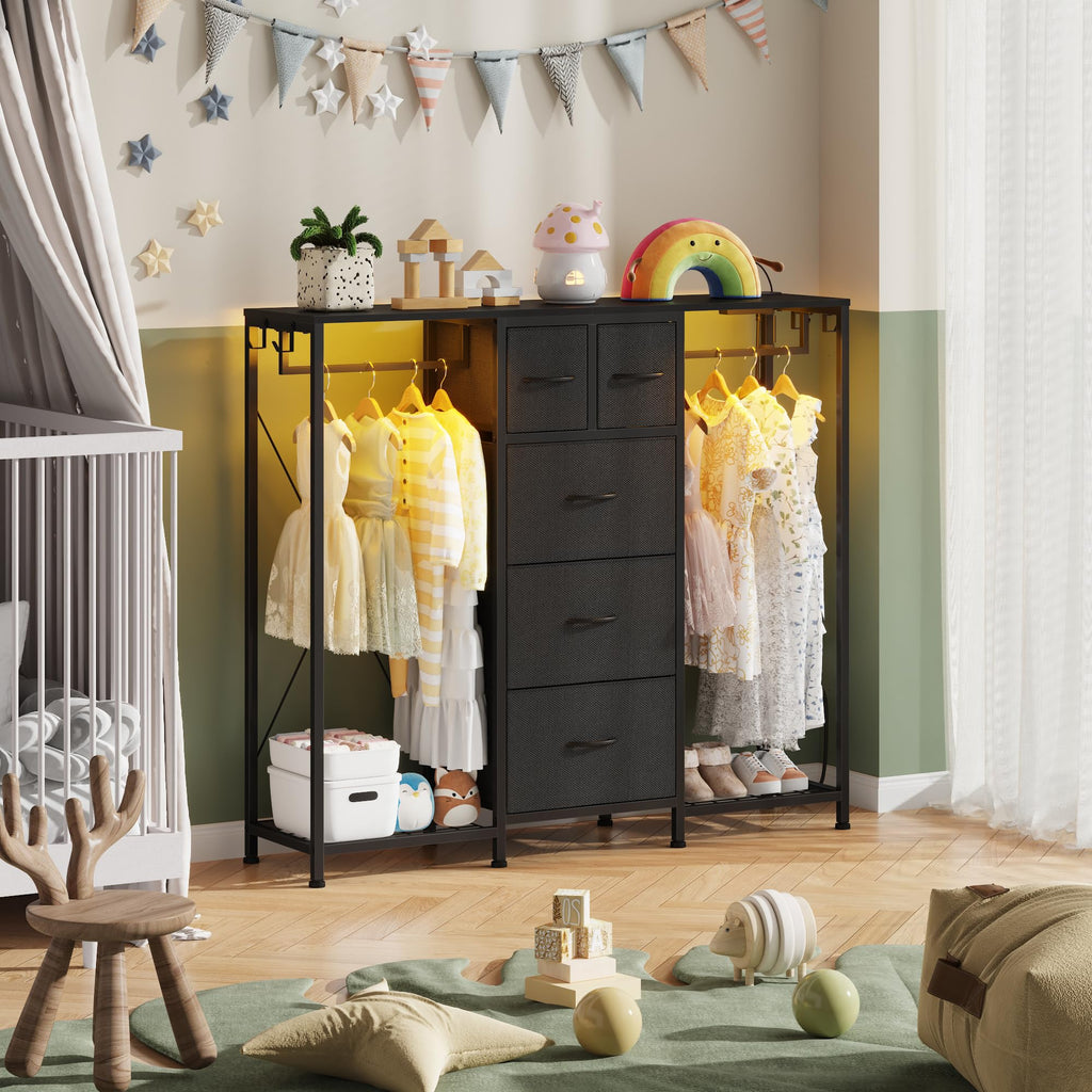 Black 5-Drawer Dresser with 2 Hanging Racks N41408