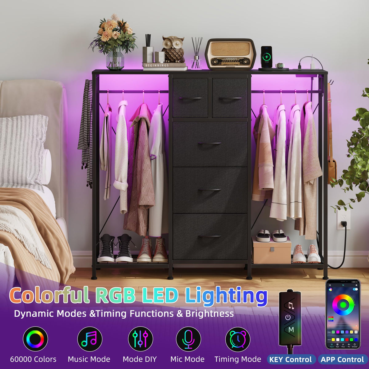 Black 5-Drawer Dresser with 2 Hanging Racks N41408