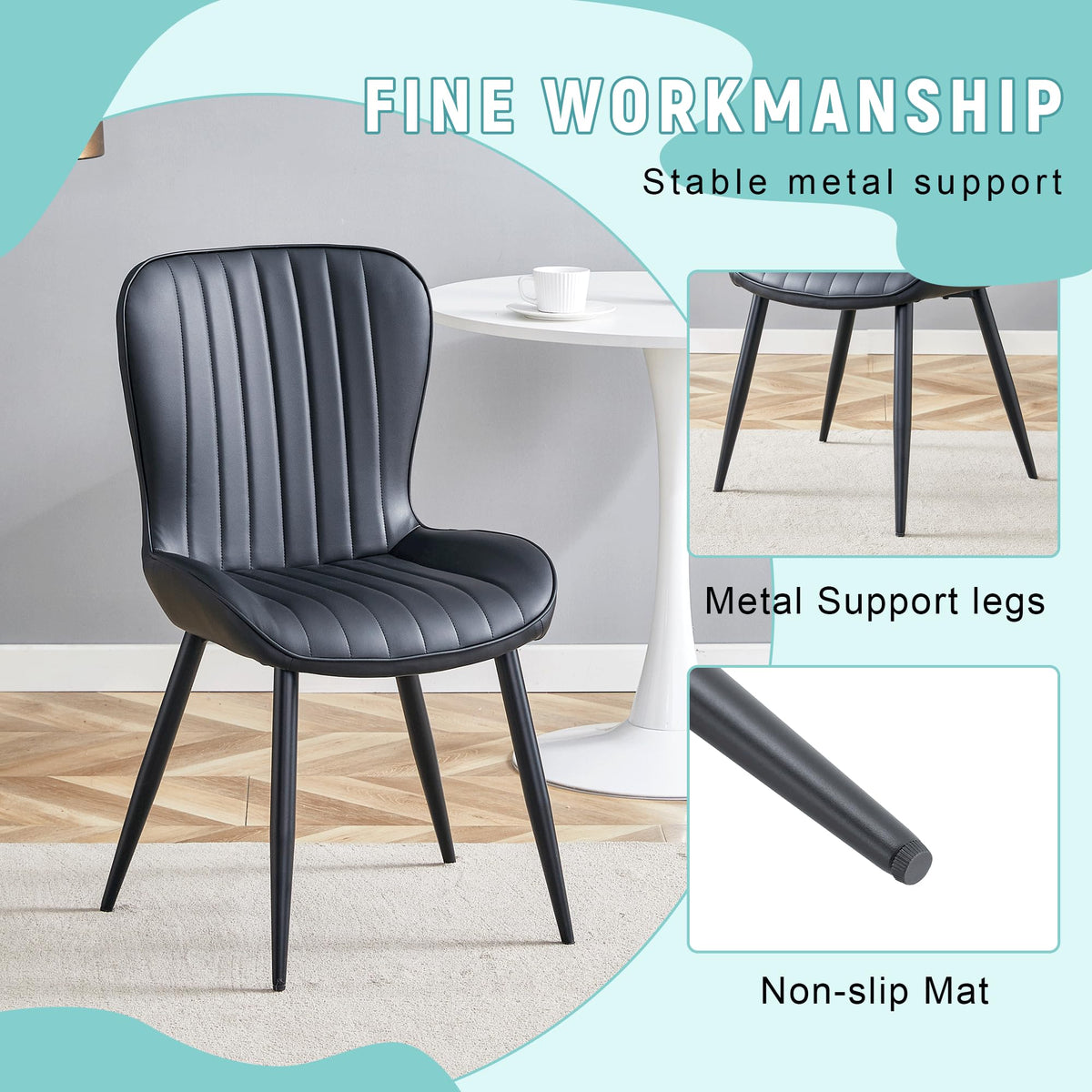 Black Dining Chairs Set of 4 PU Leather Metal Leg R8262