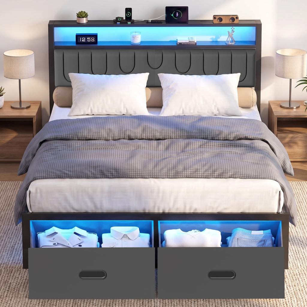Full Bed Frame with 2 Drawers, LED Lights and Charging Station G661365