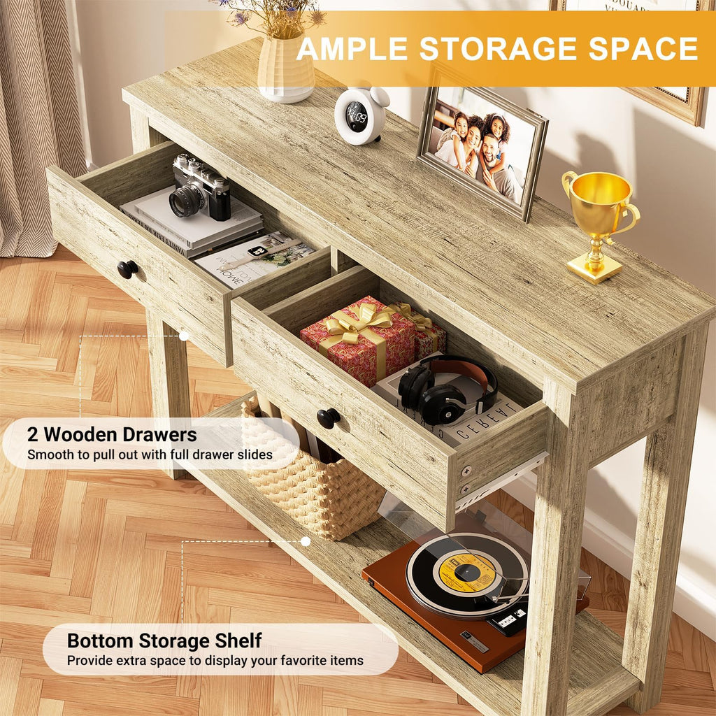 32 Inch Light Rustic Oak Console Table with 2 Drawers Q285310