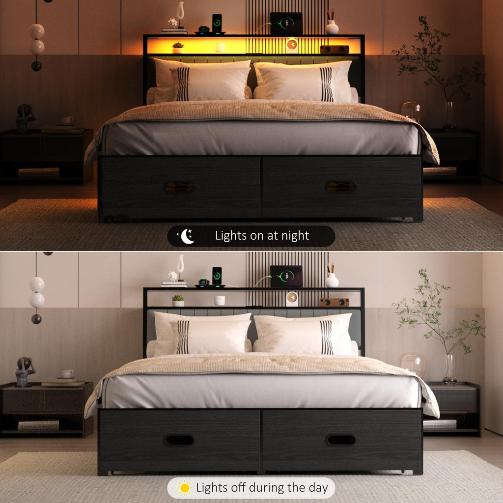 Full Bed Frame with 2 Drawers, LED Lights and Charging Station G661365