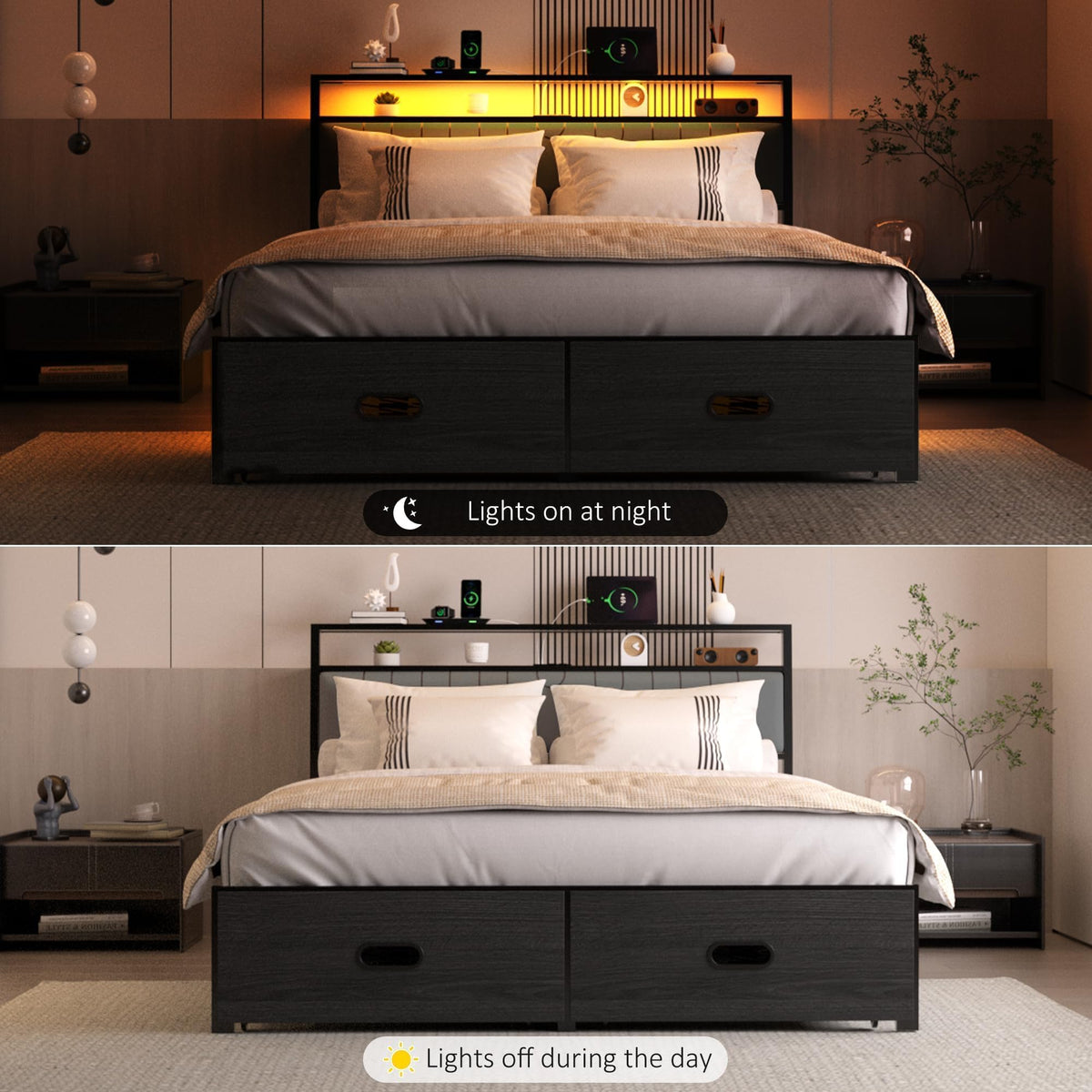 Full Bed Frame with 2 Drawers, LED Lights and Charging Station G661365
