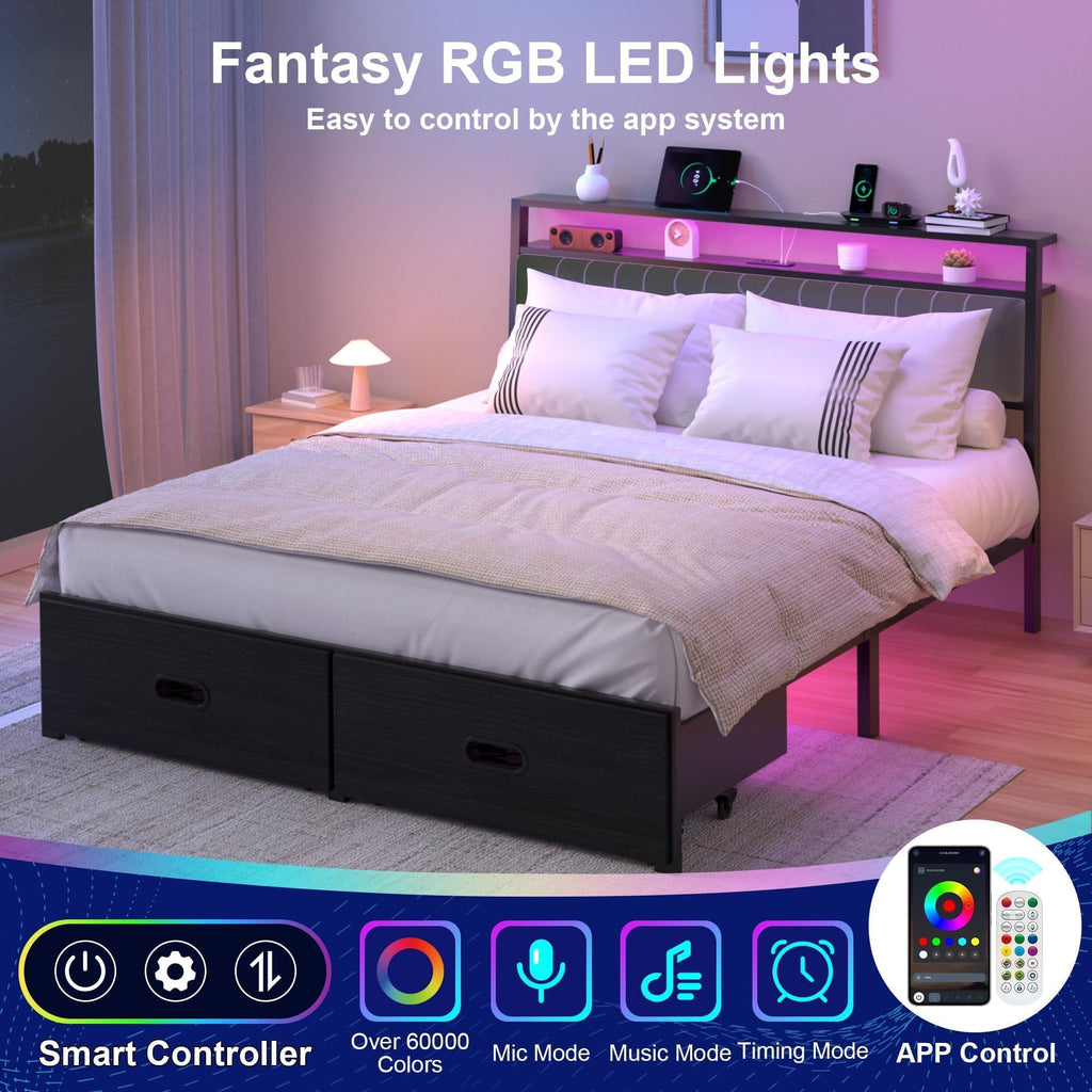Full Bed Frame with 2 Drawers, LED Lights and Charging Station G661365