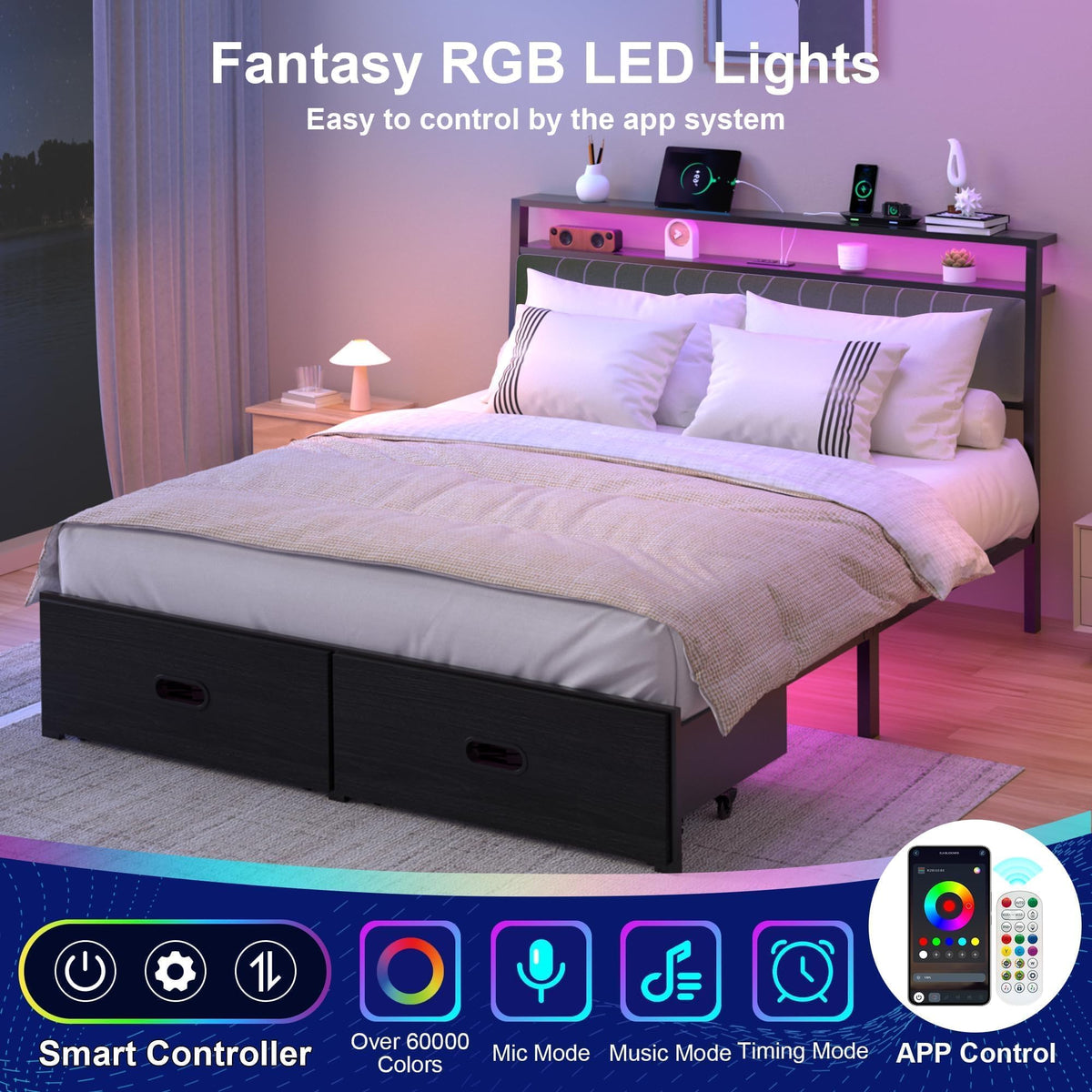 Full Bed Frame with 2 Drawers, LED Lights and Charging Station G661365