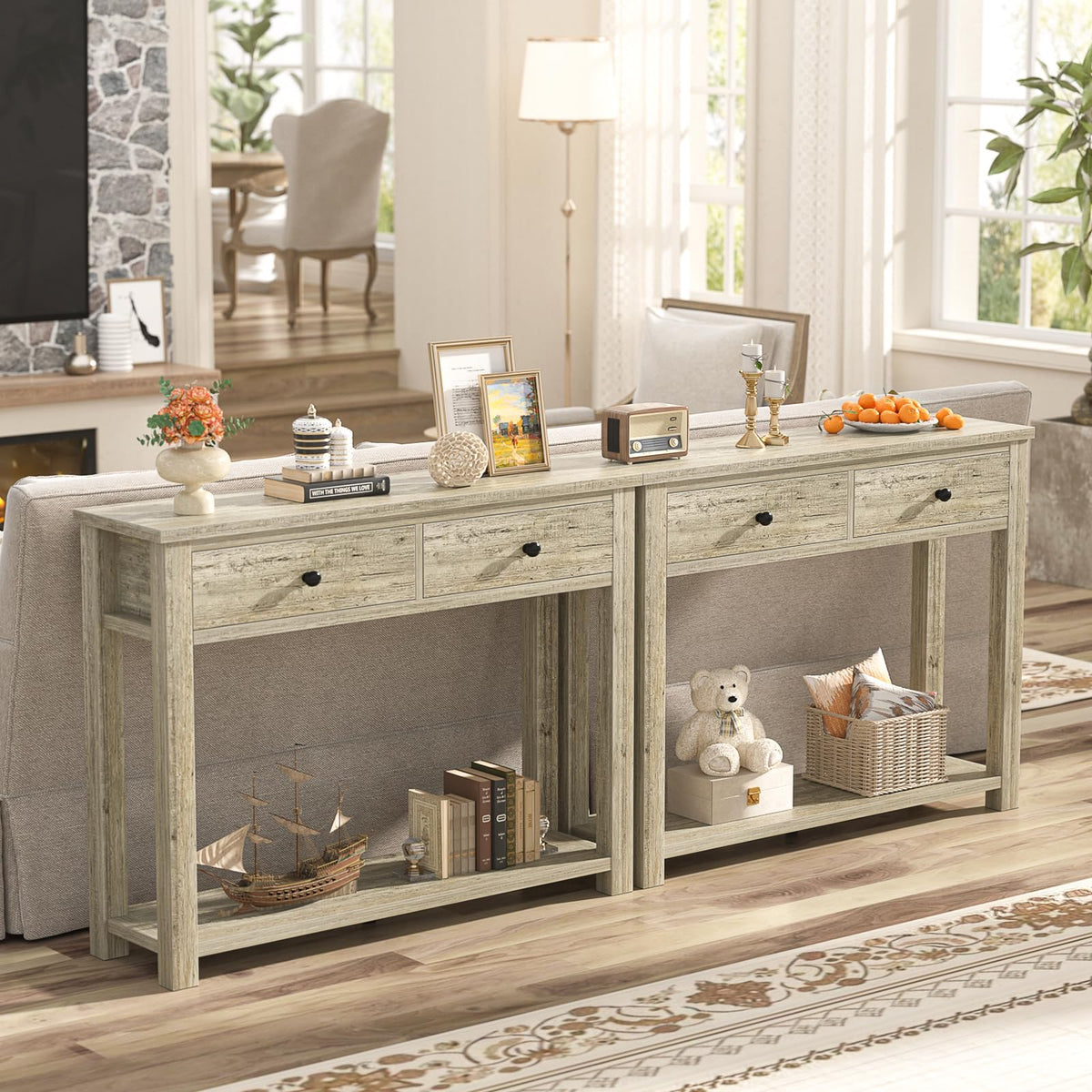 32 Inch Light Rustic Oak Console Table with 2 Drawers Q285310