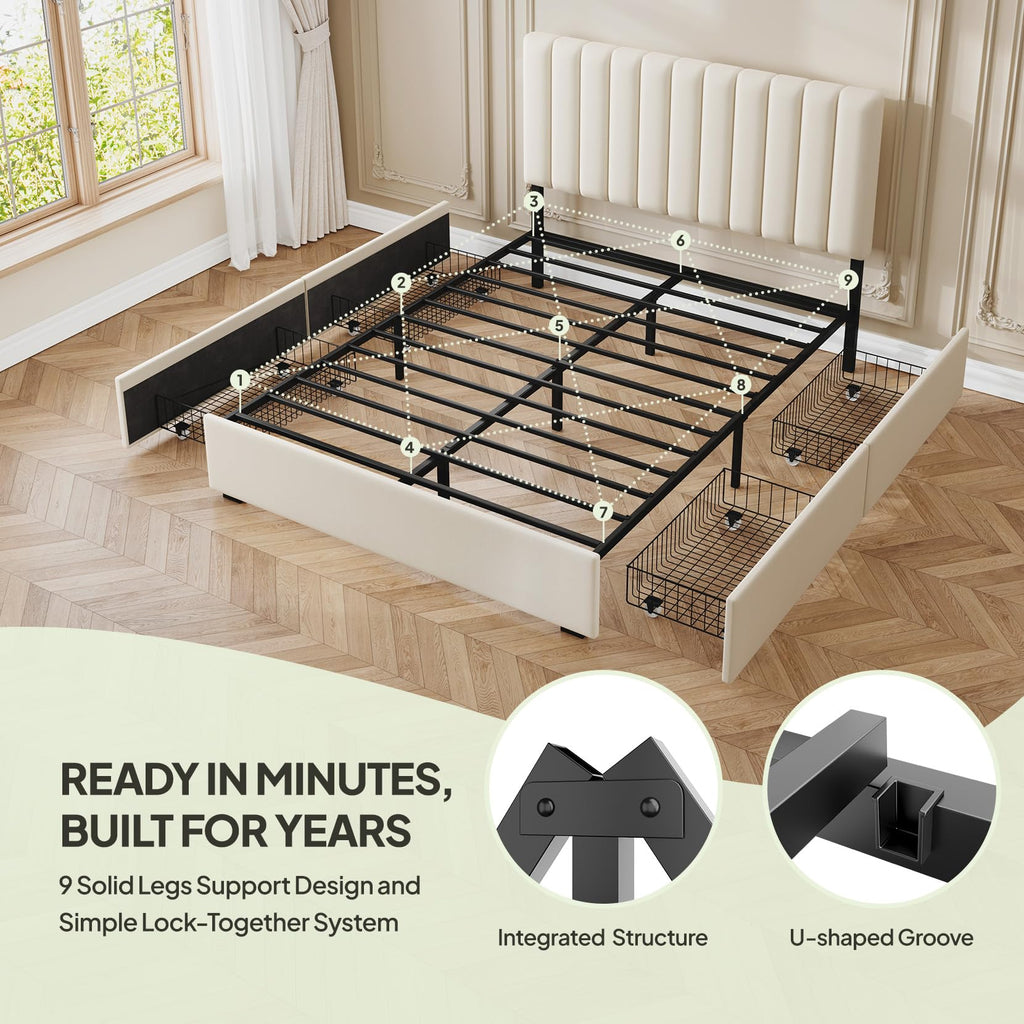 White Full Size Upholstered Bed Frame with Headboard & 4 Drawers M419