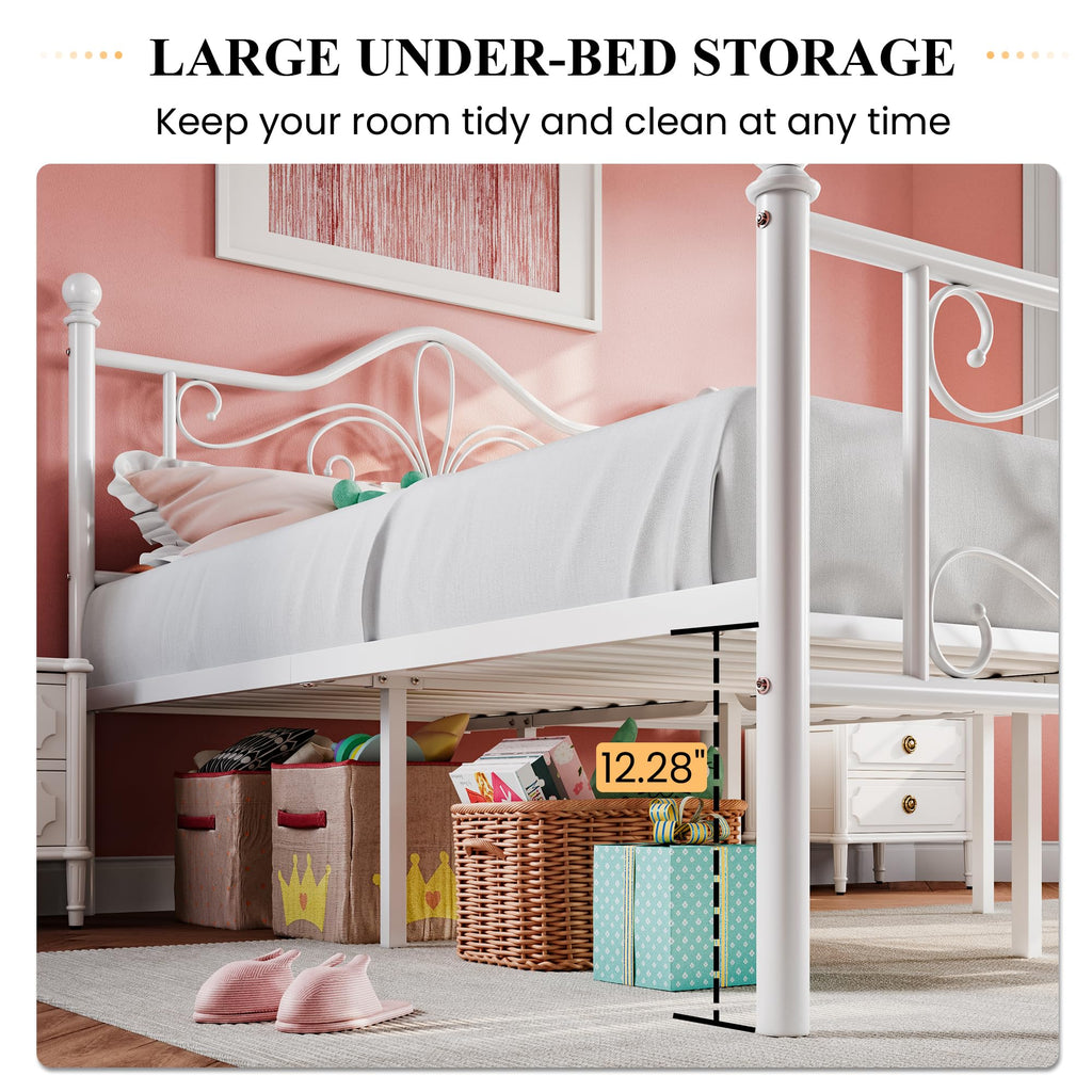 Full Size White Metal Bed Frame with Headboard V6013
