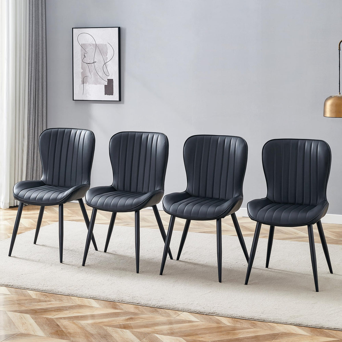 Black Dining Chairs Set of 4 PU Leather Metal Leg R8262