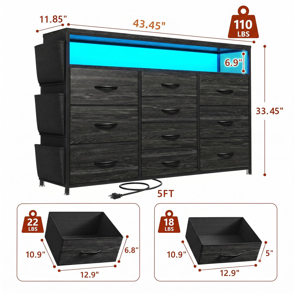 10 Drawer Dresser with LED Lights & Power Outlets K250