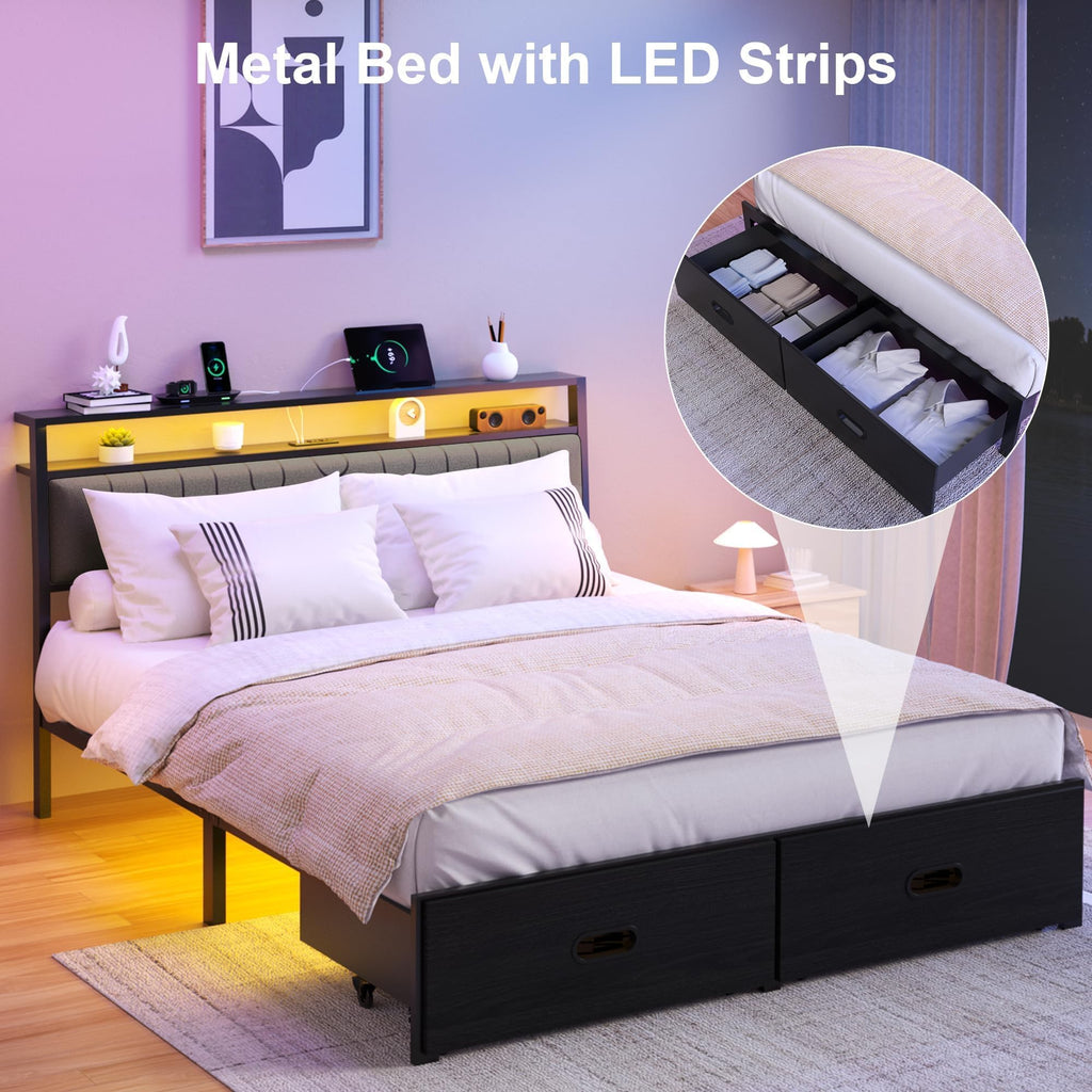 Full Bed Frame with 2 Drawers, LED Lights and Charging Station G661365