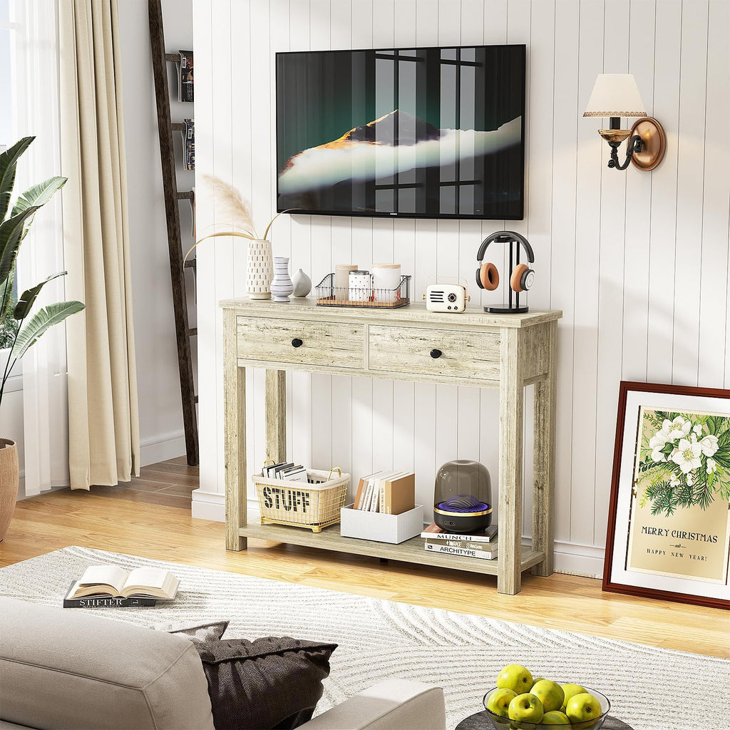 32 Inch Light Rustic Oak Console Table with 2 Drawers Q285310