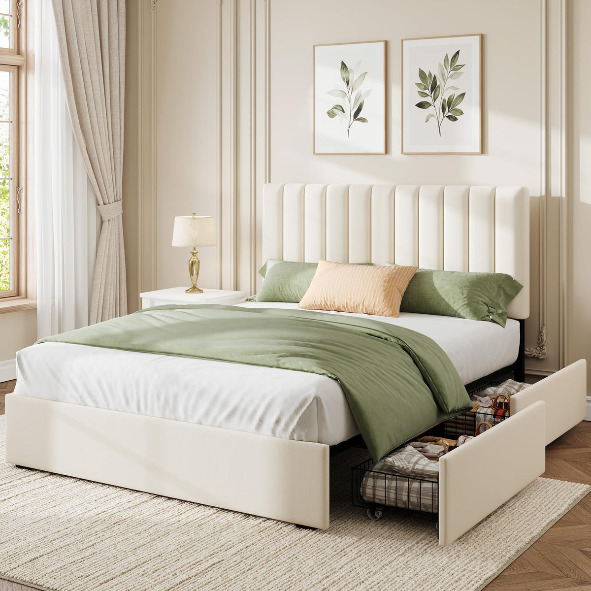 White Full Size Upholstered Bed Frame with Headboard & 4 Drawers M419