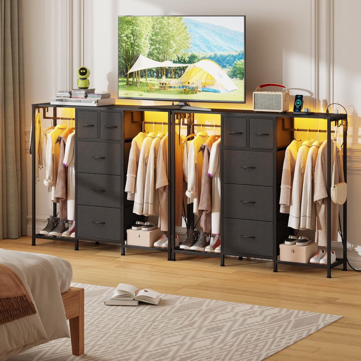 Black 5-Drawer Dresser with 2 Hanging Racks N41408