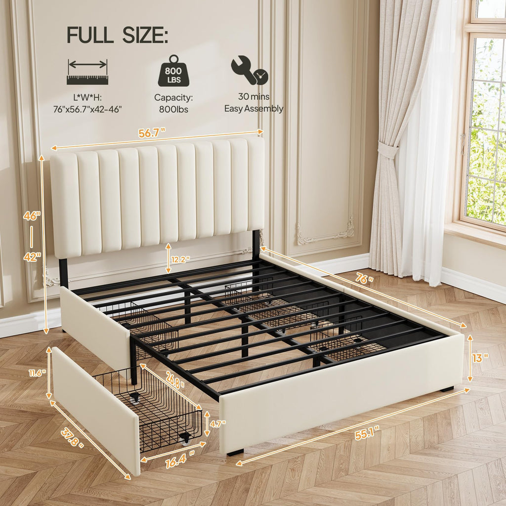 White Full Size Upholstered Bed Frame with Headboard & 4 Drawers M419