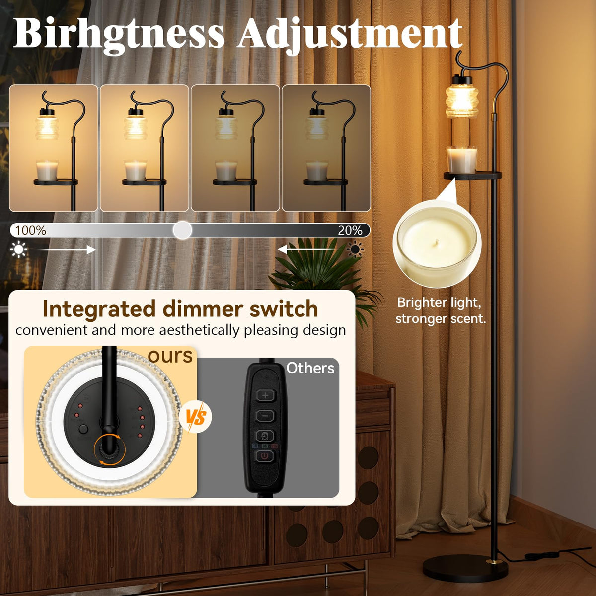 Dimmable Height Adjustable Candle Warmer Floor Lamp with Timer T7248