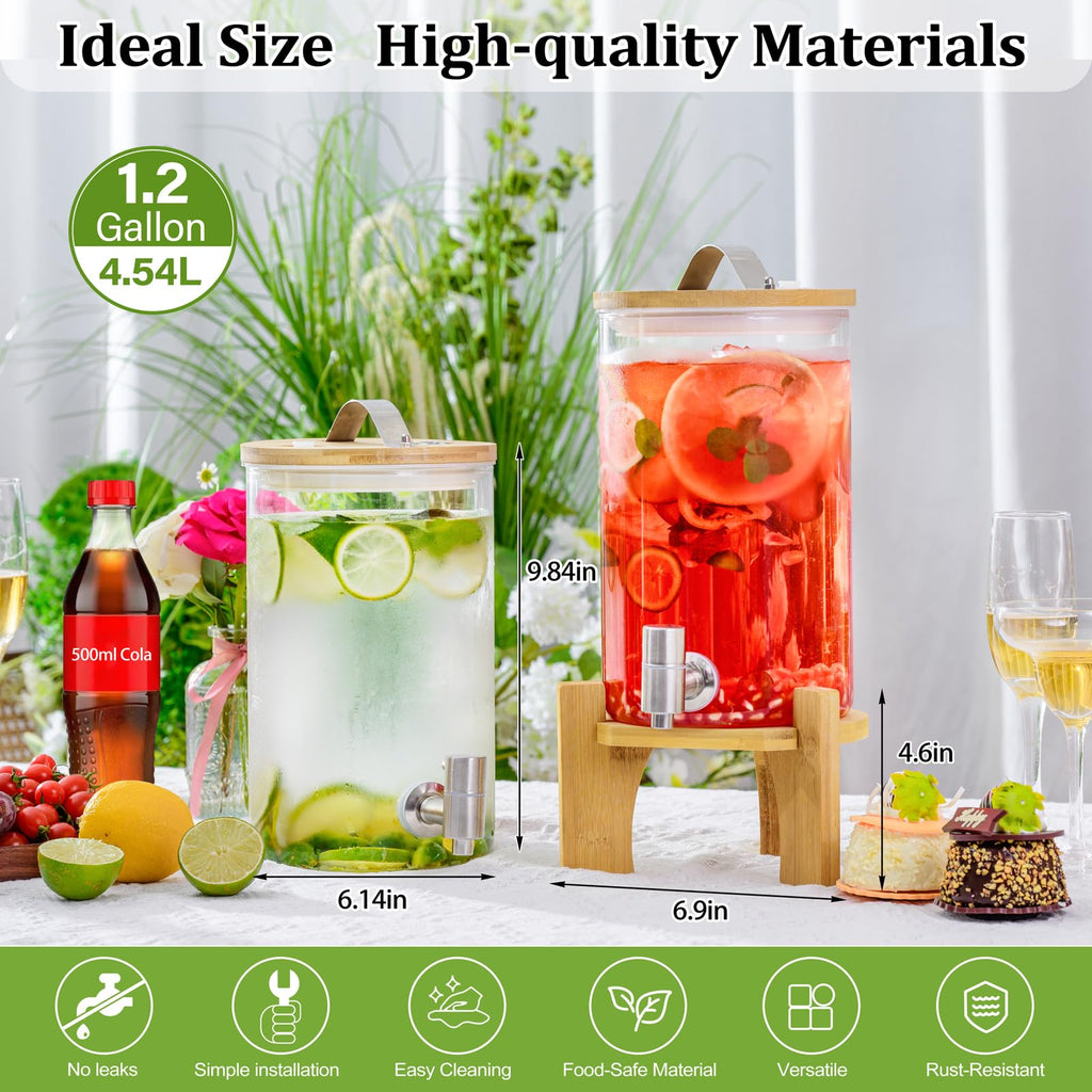 1.2 Gallon Glass Drink Dispenser with Stand and Spigot, 2 Pack U9982