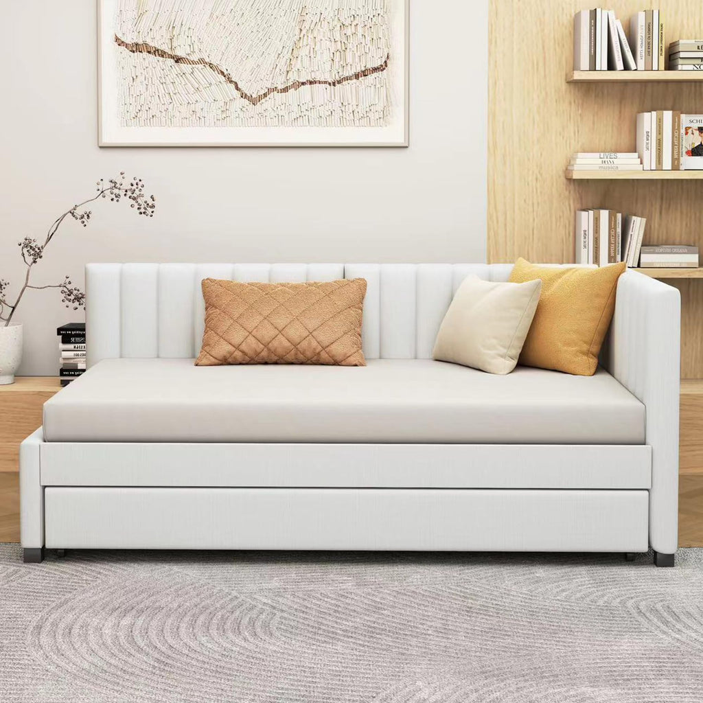 Beige Linen Upholstered Daybed with Trundle Twin Size D115