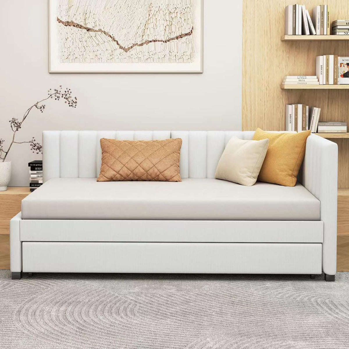 Beige Linen Upholstered Daybed with Trundle Twin Size D115