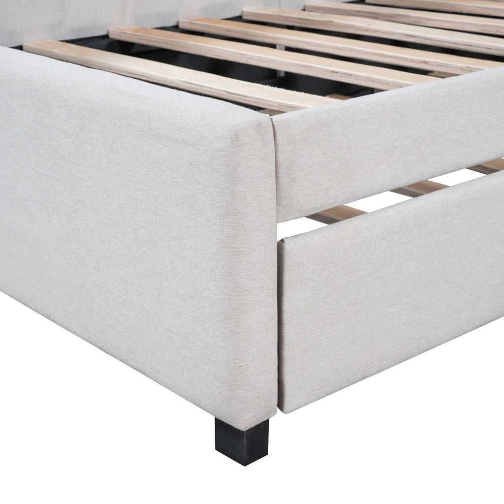Beige Linen Upholstered Daybed with Trundle Twin Size D115