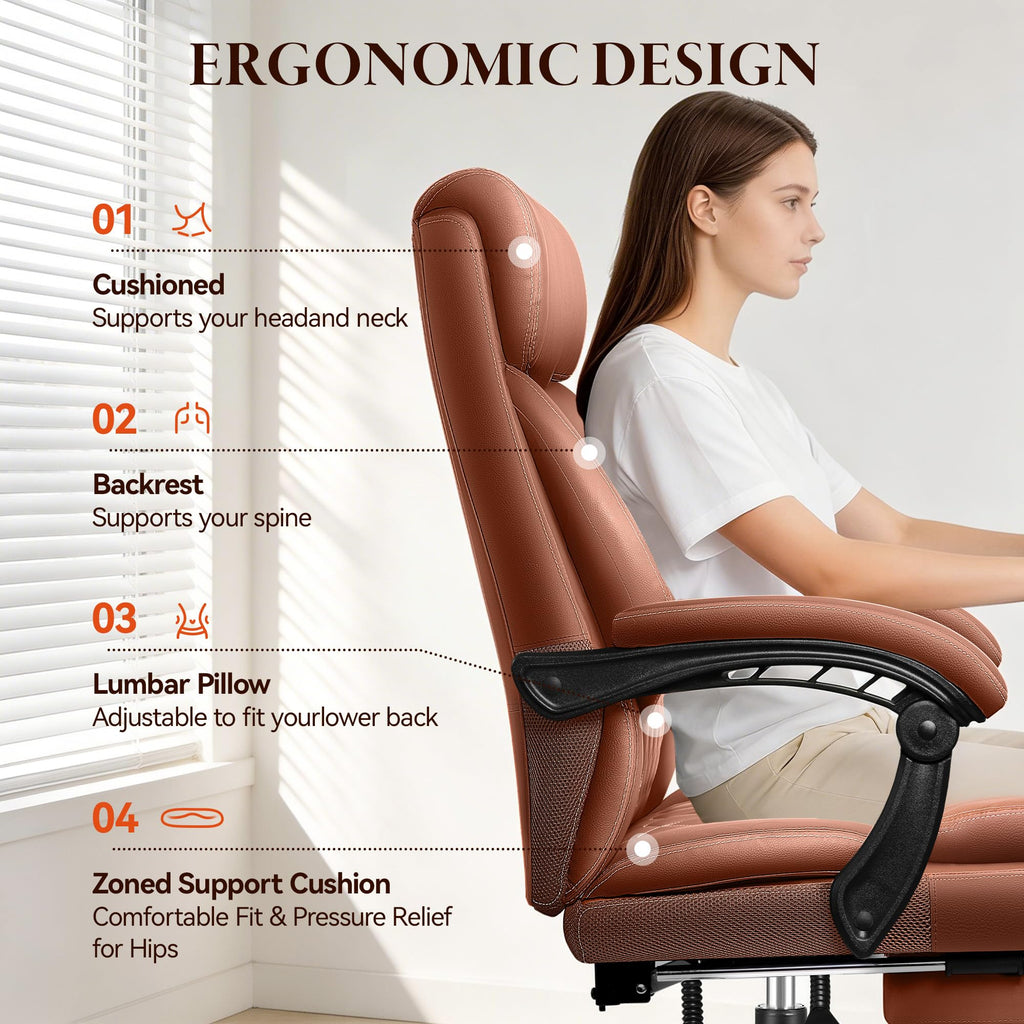 Big and Tall Brown Leather Office Chair with Footrest M6082