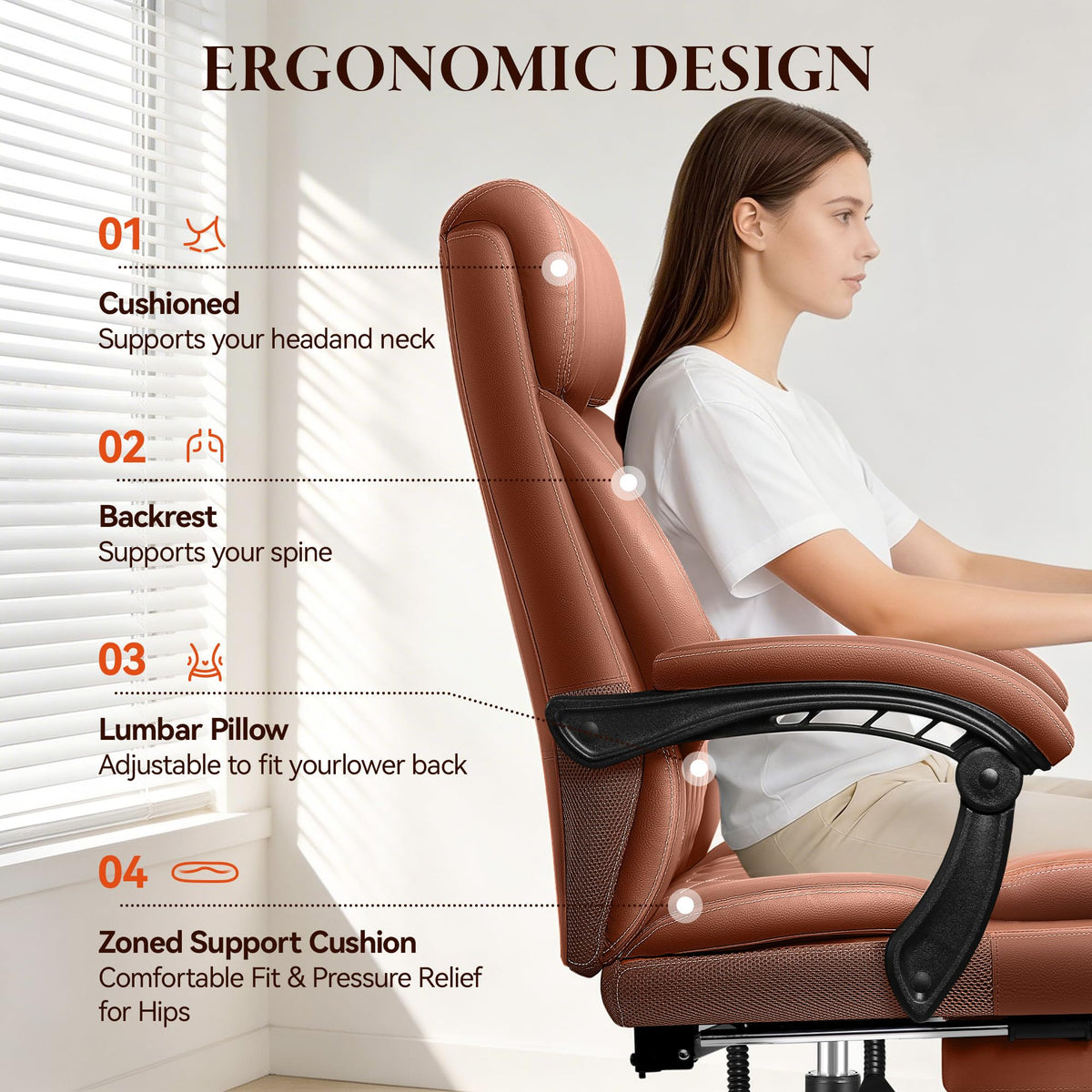 Big and Tall Brown Leather Office Chair with Footrest M6082