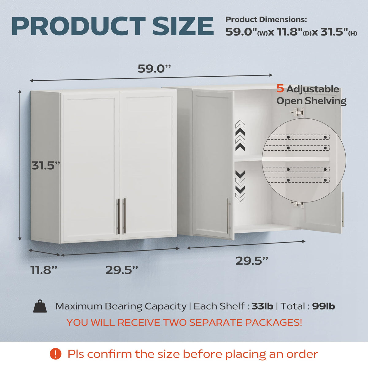 60" W White Laundry Room Wall Cabinets with Adjustable Shelf O289189