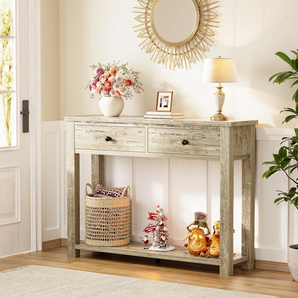 32 Inch Light Rustic Oak Console Table with 2 Drawers Q285310