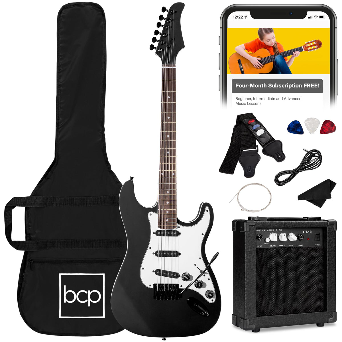 39in Full Size Beginner Electric Guitar Starter Kit with Case, Amp, Strings, Pick - Jet Black J3740