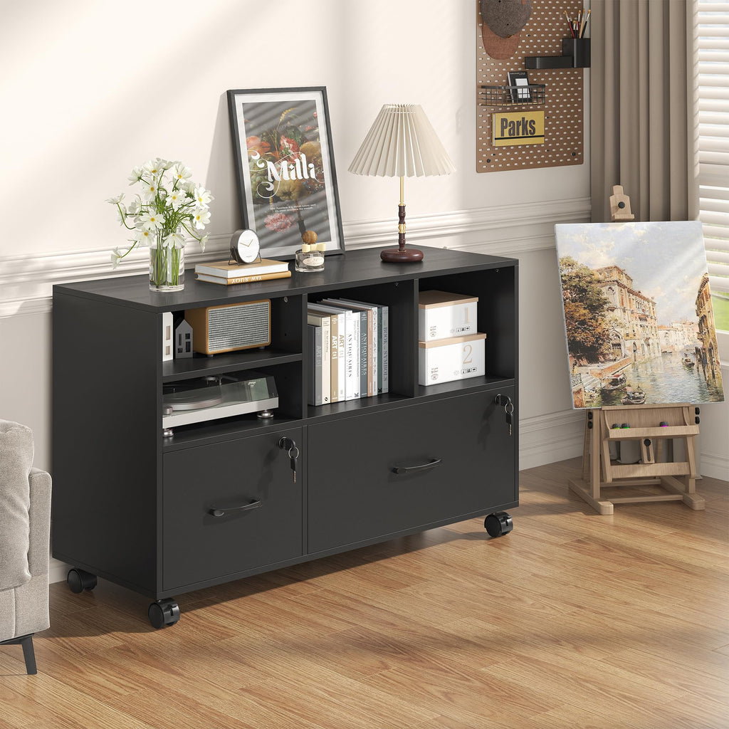 2 Drawer Wood Mobile Lateral File Cabinet with Storage Shelves, Black D135112