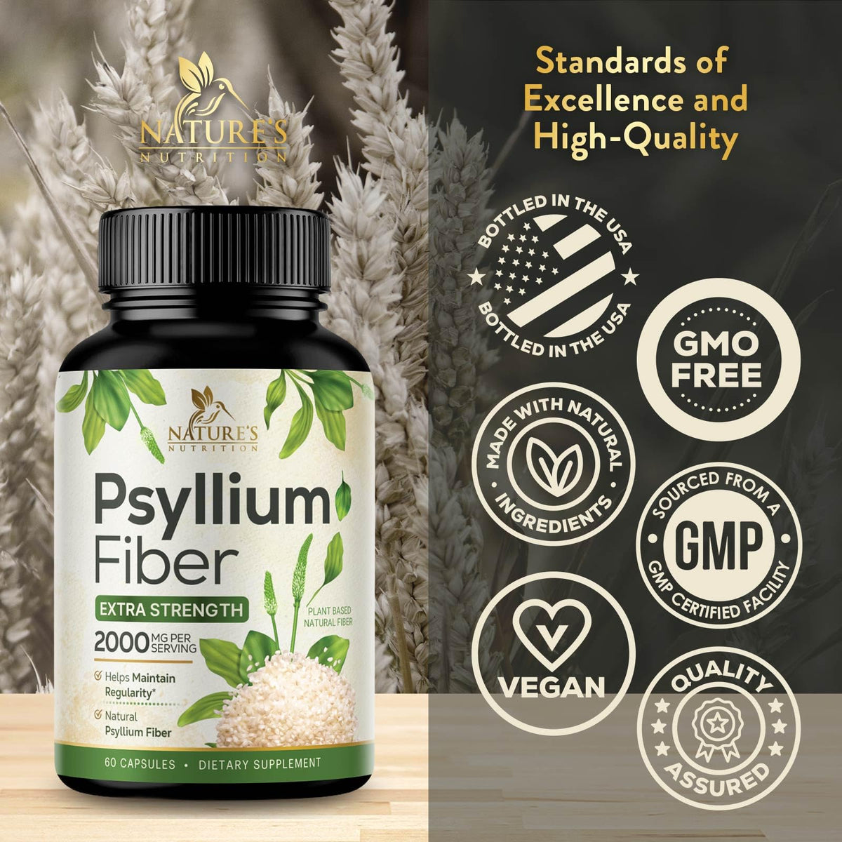 Psyllium Husk Powder 2000mg Fiber Supplement 60 Capsules F35282