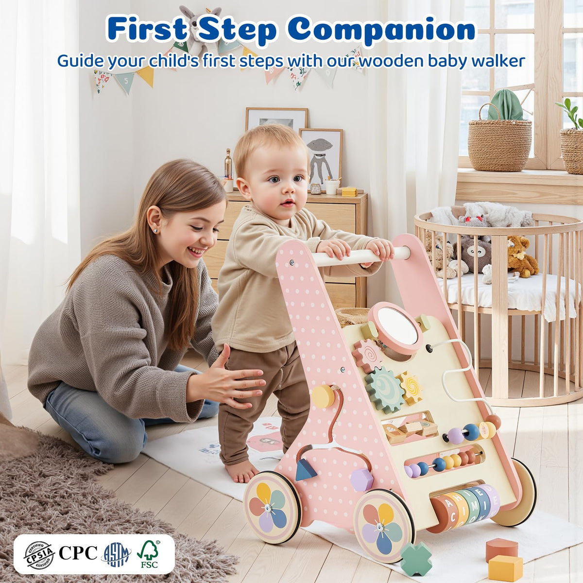 Pink Wooden Baby Walker S6577