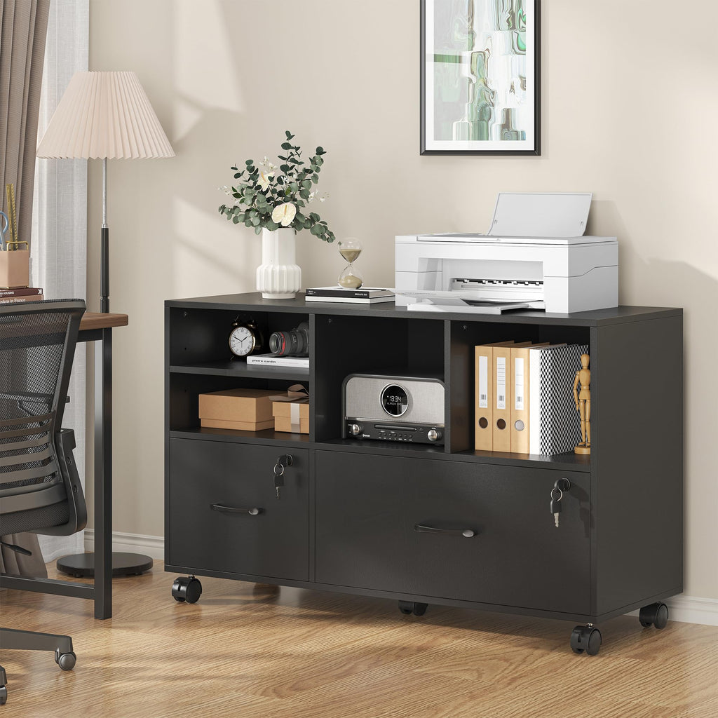 2 Drawer Wood Mobile Lateral File Cabinet with Storage Shelves, Black D135112