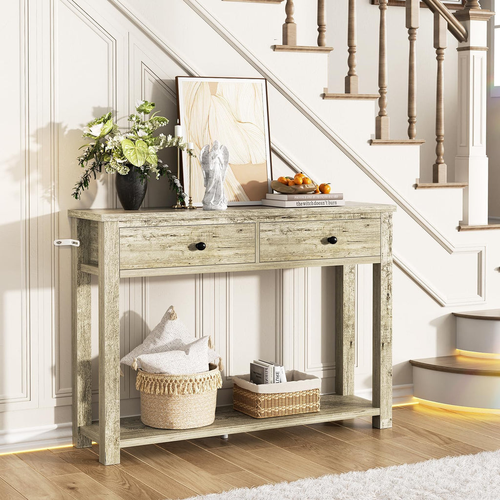 32 Inch Light Rustic Oak Console Table with 2 Drawers Q285310