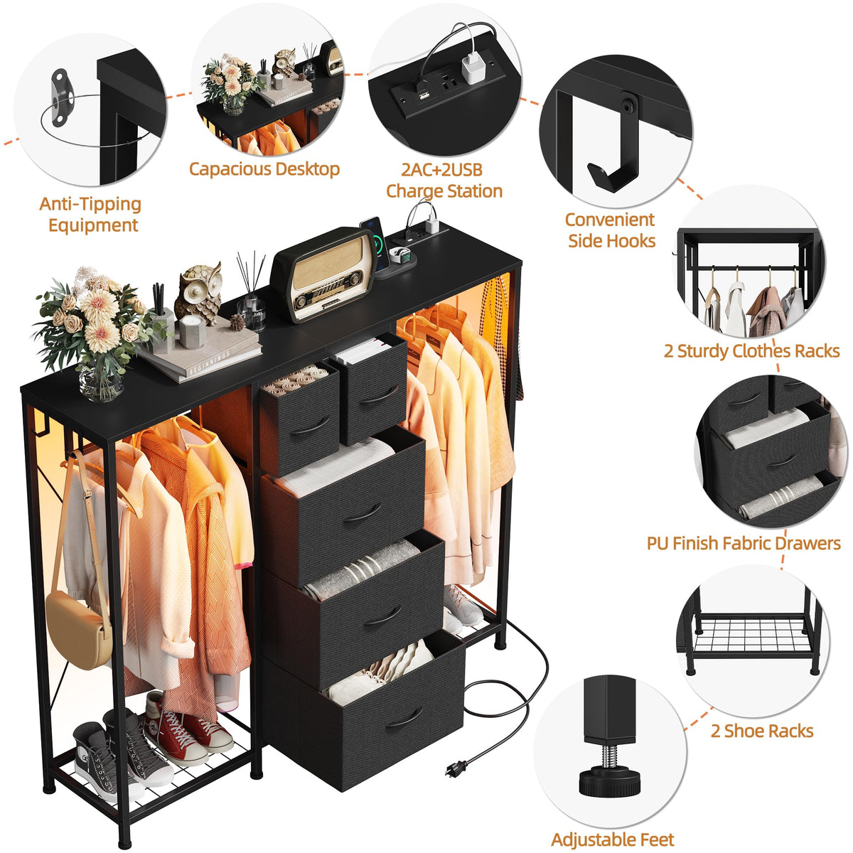 Black 5-Drawer Dresser with 2 Hanging Racks N41408