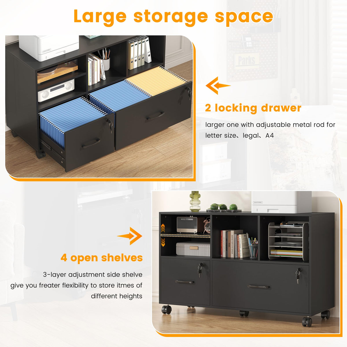 2 Drawer Wood Mobile Lateral File Cabinet with Storage Shelves, Black D135112