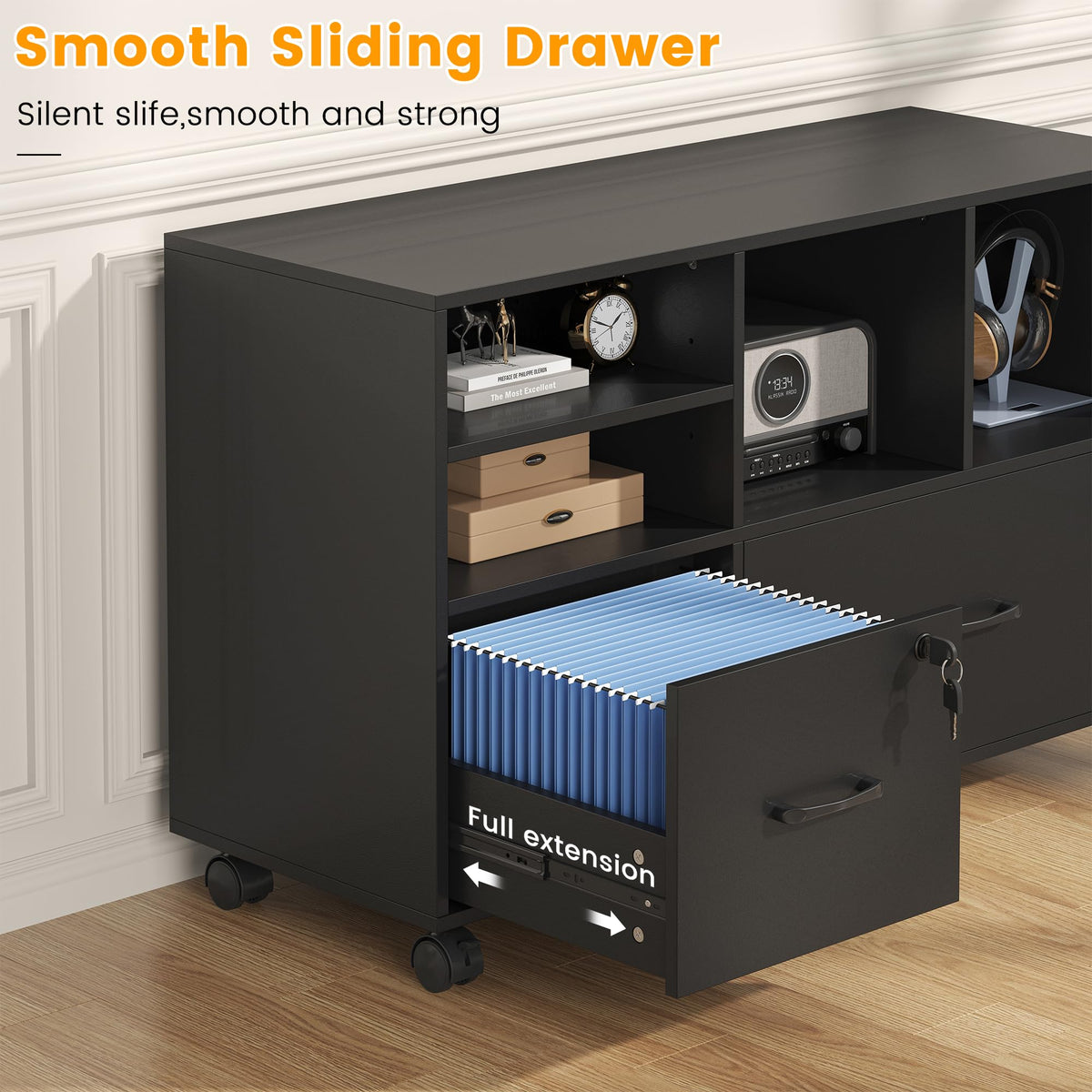 2 Drawer Wood Mobile Lateral File Cabinet with Storage Shelves, Black D135112