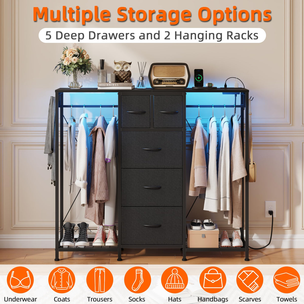 Black 5-Drawer Dresser with 2 Hanging Racks N41408
