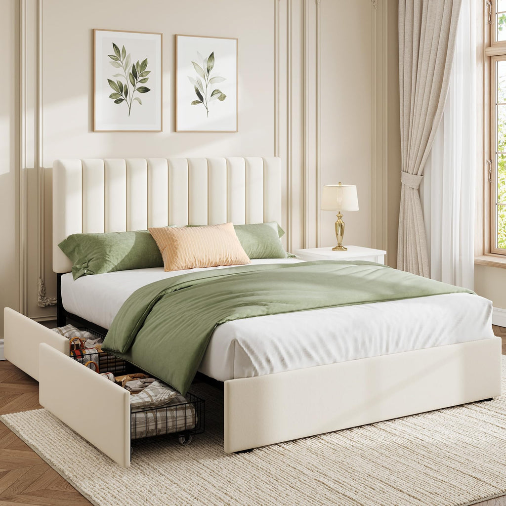 White Full Size Upholstered Bed Frame with Headboard & 4 Drawers M419