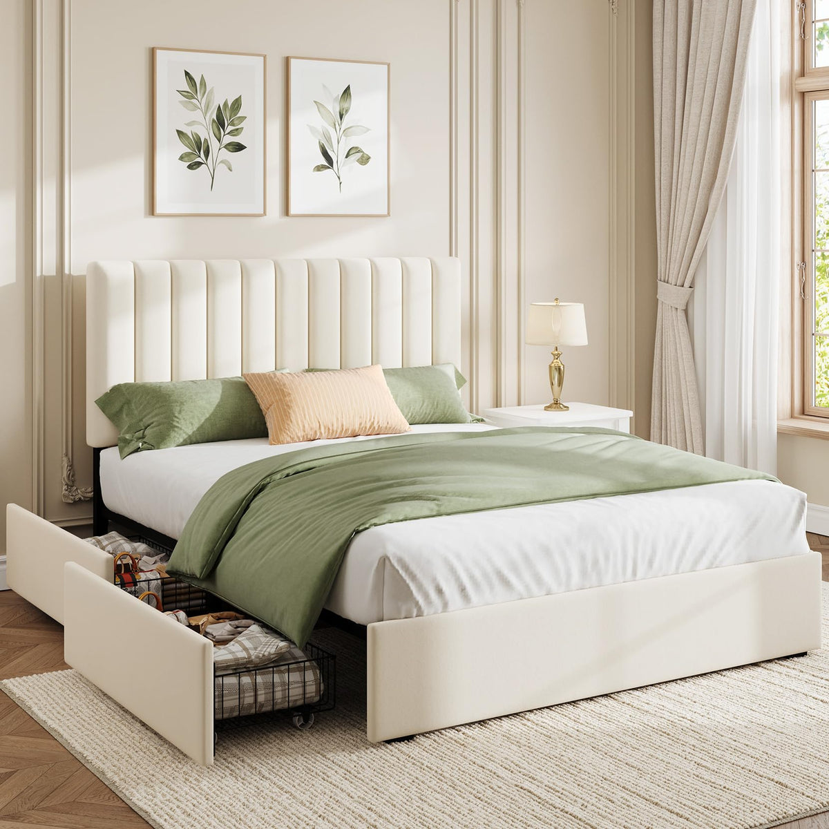 White Full Size Upholstered Bed Frame with Headboard & 4 Drawers M419
