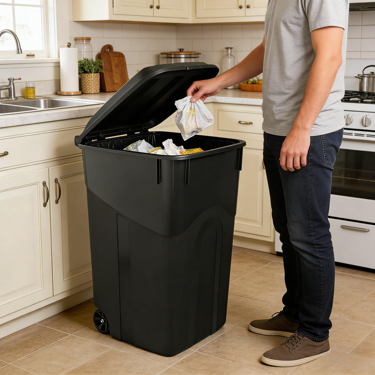 45 Gallon Wheeled Trash Can with Attached Lid L905807