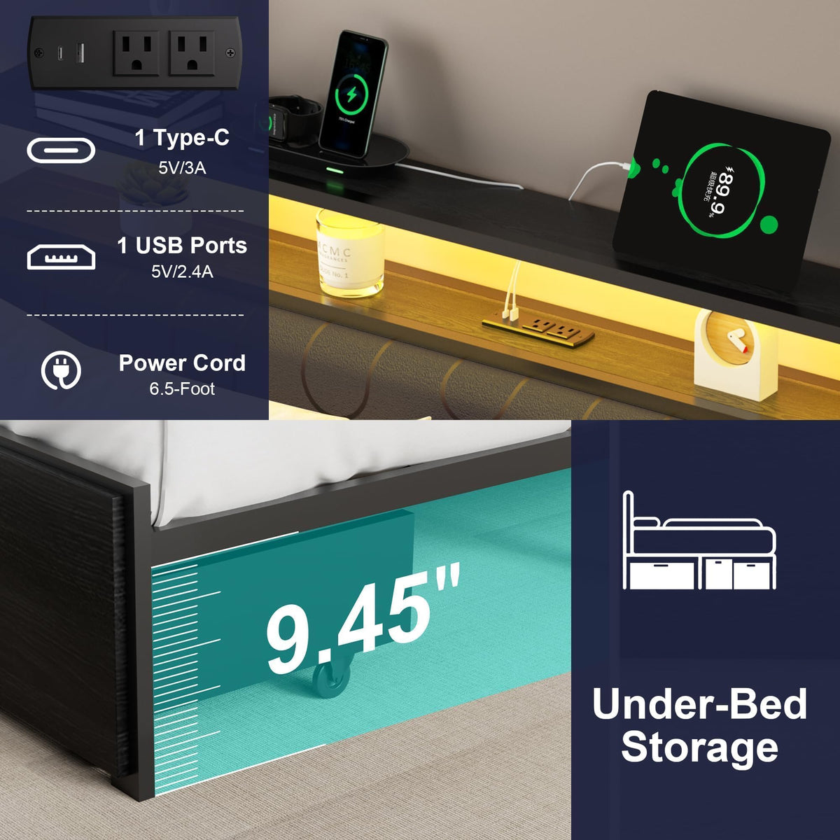 Full Bed Frame with 2 Drawers, LED Lights and Charging Station G661365