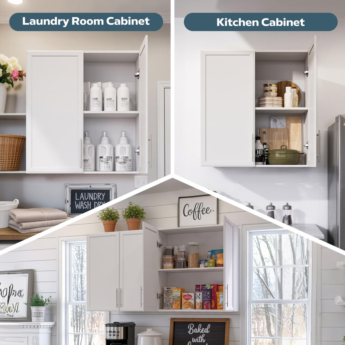 60" W White Laundry Room Wall Cabinets with Adjustable Shelf O289189