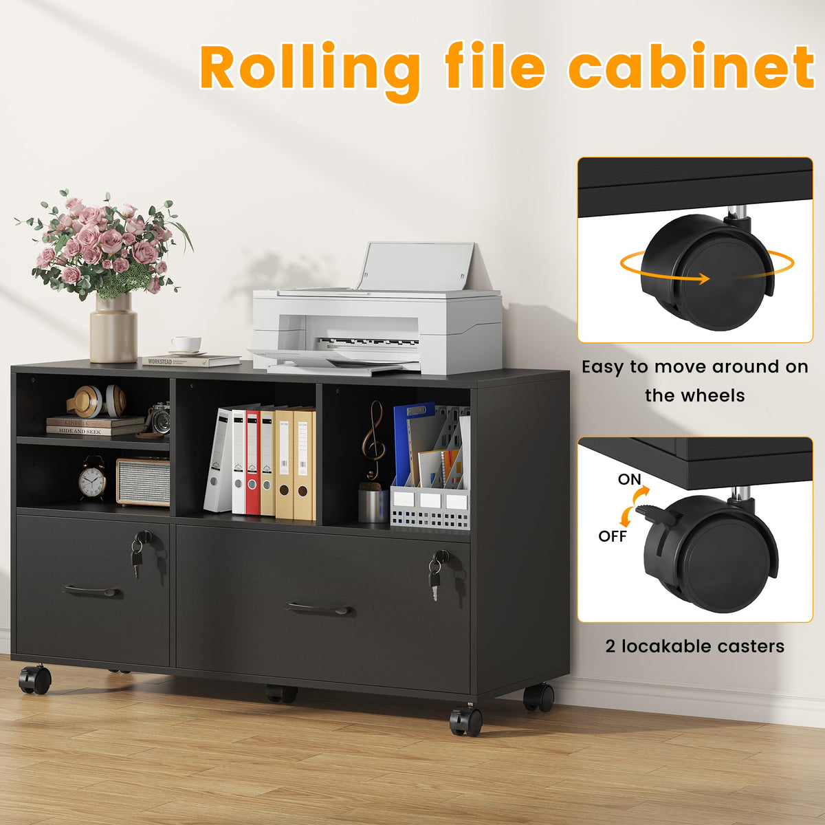 2 Drawer Wood Mobile Lateral File Cabinet with Storage Shelves, Black D135112