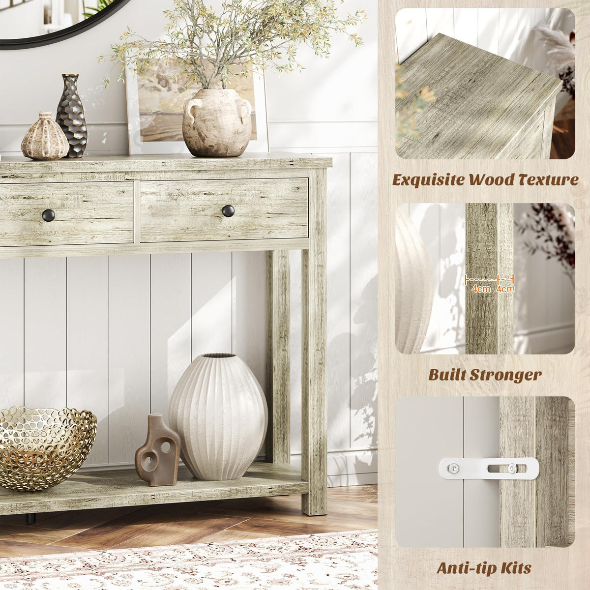 32 Inch Light Rustic Oak Console Table with 2 Drawers Q285310