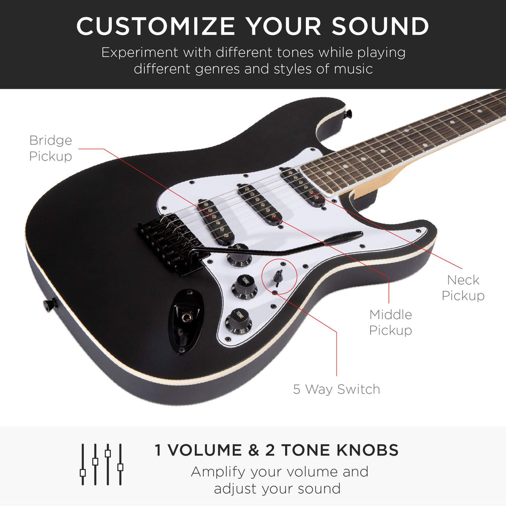 39in Full Size Beginner Electric Guitar Starter Kit with Case, Amp, Strings, Pick - Jet Black J3740