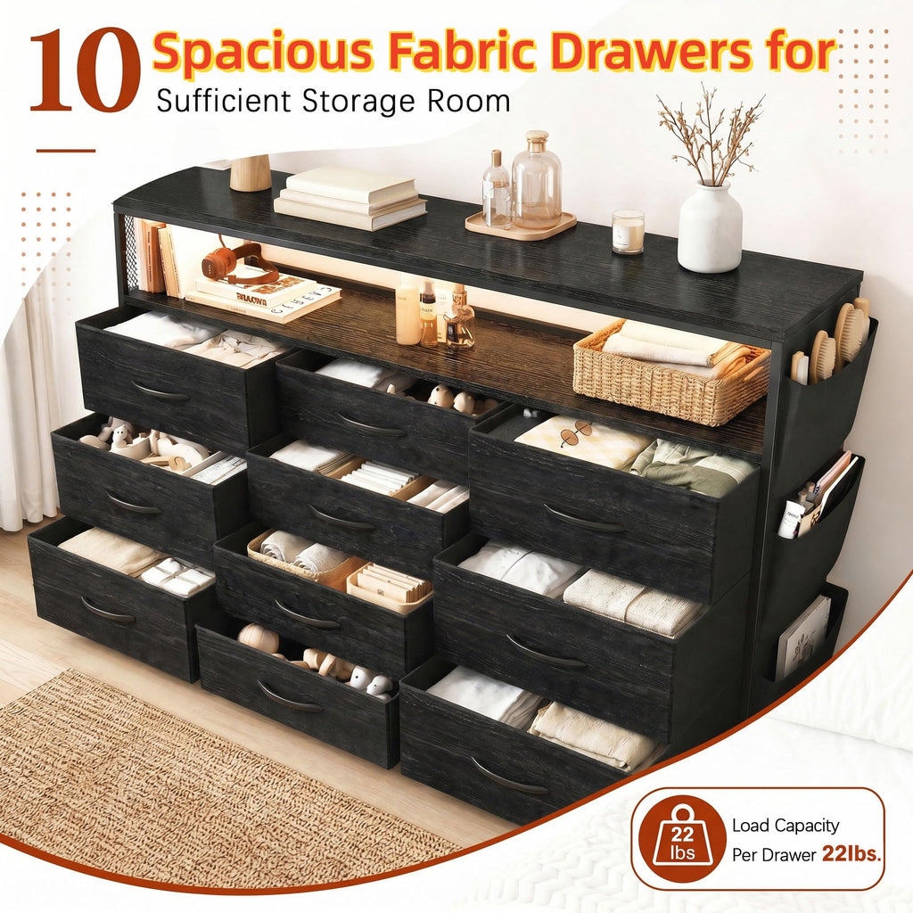 10 Drawer Dresser with LED Lights & Power Outlets K250