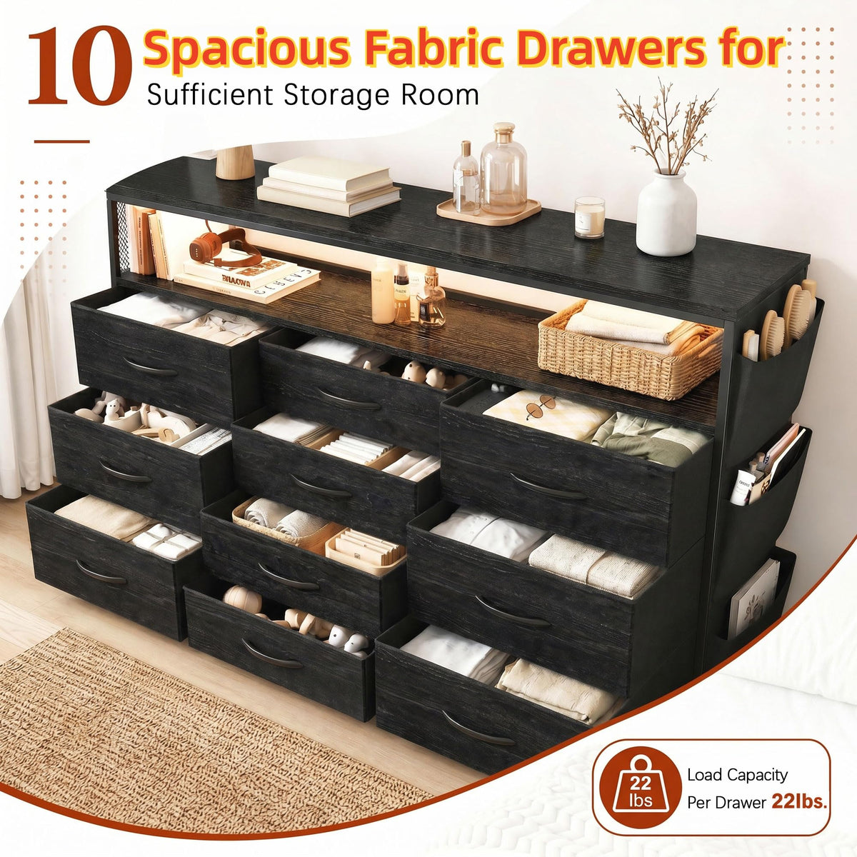 10 Drawer Dresser with LED Lights & Power Outlets K250
