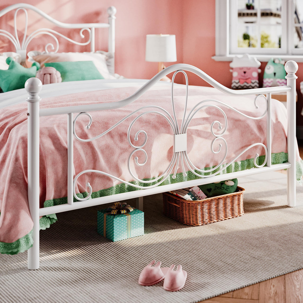 Full Size White Metal Bed Frame with Headboard V6013