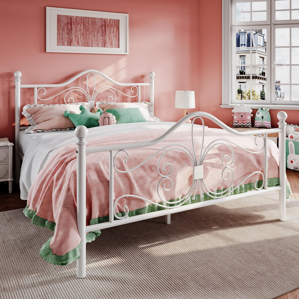 Full Size White Metal Bed Frame with Headboard V6013